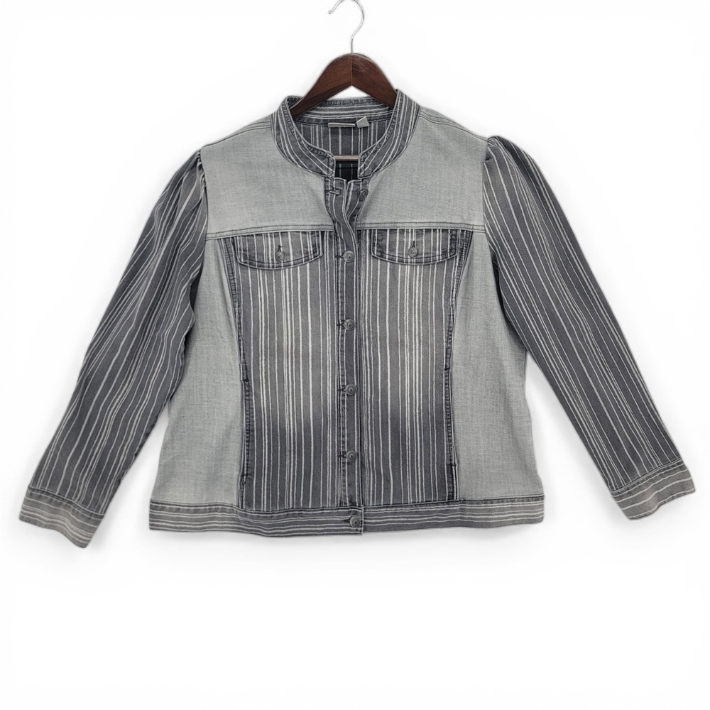 LOGO Lori Goldstein Womens 18W Jacket Denim Gray Stripe Lagenlook Layering Plus - Picture 1 of 5